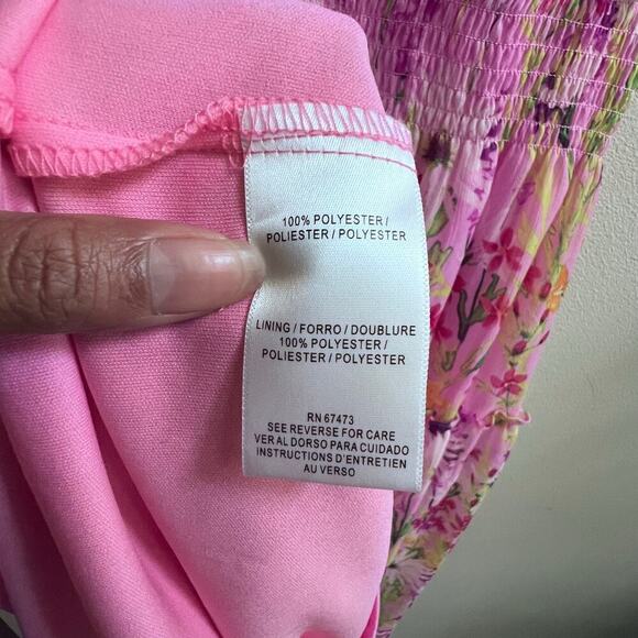 Taylor Chiffon Floral Print Pink Smocked Mock Neck Tiered Maxi Dress Size 10 - Picture 9 of 9